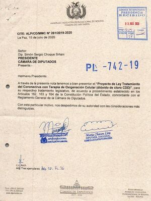 Bolivian Law authorising CDS as treatment against Covid -19